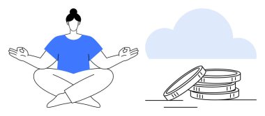 Nilüfer çiçekli kadın istiflenmiş madeni paraların ve bulutların yanında meditasyon yapıyor. Farkındalık, mali denge, gevşeme, kişisel büyüme, zenginlik yönetimi, stres atma, basit düz metafor için ideal