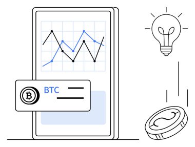 Finansal eğilimleri gösteren akıllı telefon, Bitcoin kartı, parlayan ampul, düşen para. Kripto para birimi, fintech, mobil ticaret, yenilikçi yatırım analizi zenginliği için idealdir. Basit.