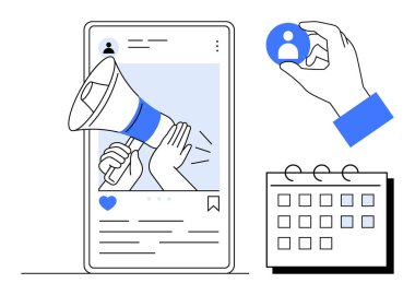 Sosyal paylaşımda megafon, kullanıcı profili simgesi, işaretli tarihli takvim. Pazarlama, sosyal medya, izleyici artışı, içerik planlaması, reklamcılık, basit daire markalaşması için ideal