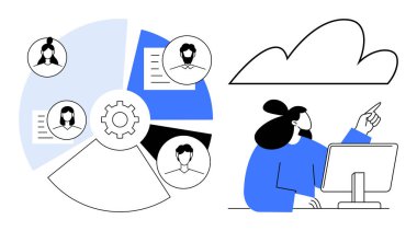 Bulutları gösteren bilgisayar üzerinde çalışan bir kadın, kullanıcı profili ve teçhizatlı pasta grafiği. Takım çalışması, bulut hesaplama, iş akışı, veri yönetimi, iletişim, yenilik teknolojisi için ideal. Basit düz