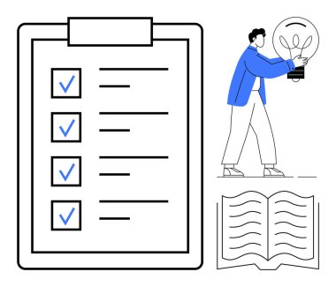 İşaretli görevleri olan kontrol listesi, fikirleri sembolize eden ampul tutan kişi ve bilgiyi simgeleyen açık kitap. Yaratıcılık, üretkenlik, organizasyon, eğitim, planlama ve yenilik için ideal