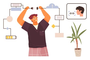 Sanal teknoloji sistemlerini pil, diyagram, konuşma tanıma ve bitkilere bağlayan kablolar tutan adam. Teknoloji, yenilik, takım çalışması, problem çözme, verimlilik bağlantısı için ideal basit