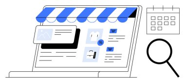 Bir takvimin yanında dizüstü bilgisayarda dijital mağaza vitrininde çevrimiçi alışveriş malzemeleri, indirim, el arabası simgesi ve arama fonksiyonu gösteriliyor. E-ticaret, teknoloji, perakende, pazarlama, satış alışverişi için ideal