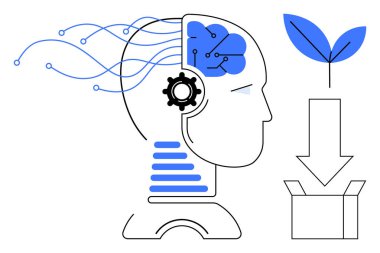 Yapay zeka beyin ve donanıma sahip insan kafası, enerji akışı, büyümeyi sembolize eden yaprak ve çıkışı temsil eden kutu. Teknoloji, yenilik, yapay zeka, sürdürülebilirlik, ilerleme eğitimi ve gelecekteki kavramlar için ideal