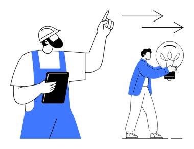 Mühendis elinde tabletle ilerleyerek yeniliği teşvik ediyor. Çalışanlar parlak bir ampul taşır. Fikirleri sembolize eder. Takım çalışması, mühendislik, liderlik, yenilik, yaratıcı düşünce için ideal.