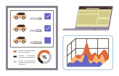 Araç seçim listesi, etkileşimli analiz çizelgesi ve laptop tarayıcı arayüzü. Analiz, piyasa araştırması, iş stratejisi, planlama, teknoloji, raporlama için ideal, basit düz metafor