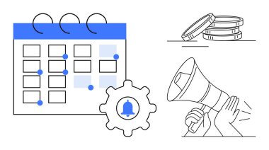 İşaretli tarihli takvim, çan simgesi, bozuk para yığını ve görev yönetimini temsil eden megafon, etkinlik planlaması, finansal planlama, promosyon, organizasyon iletişimi uyarıyor. Basit.