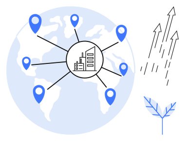 Büyüyen oklar ve sürdürülebilirlik ikonu ile küresel konumları birbirine bağlayan merkezi bir merkez. Küreselleşme, iş büyümesi, lojistik, ticaret, genişleme, sürdürülebilirlik, yenilik için ideal