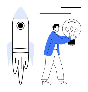 Yanlarında bir roket gibi büyük ölçekli ampul taşıyan kişi, yeniliği, yaratıcılığı, ilerlemeyi, ekip çalışmasını, yeni fikirleri, girişimciliği ve iş büyümesini görselleştiriyor. Basit bir daire için ideal