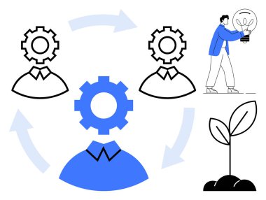 Kafaların içindeki dişliler, iş akışını gösteren oklar, ampul tutan kişi ve bir bitki filizi işbirliğini, yeniliği, bilgi paylaşımını, sürdürülebilirliği, takım çalışmasını, sorun çözmeyi sembolize ediyor.