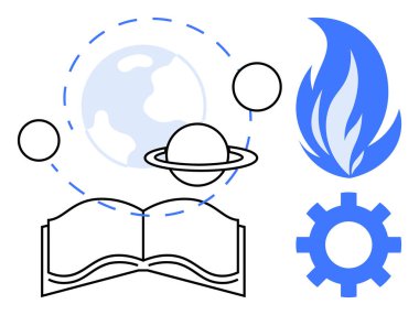 Gezegen yörüngesinin altındaki açık kitap, dünya, alev ve teçhizat öğrenmeyi, bilimi, enerjiyi, teknolojiyi ve yaratıcılığı sembolize ediyor. Eğitim keşfi için ideal araştırma yeniliği