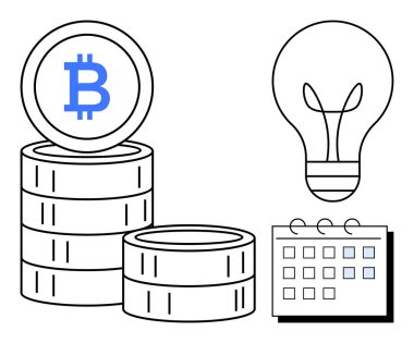 İçinde Bitcoin logosu olan bozuk paralar, parlayan bir ampul ve bir takvim. Basit bir dairede kripto para, dijital finans, yenilik, blok zinciri, planlama, teknoloji ve yatırım kavramları için ideal