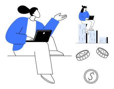 İki kişi dizüstü bilgisayarlarda çalışıyor, biri bar çizelgesinin yanında oturuyor, altına da bozuk paralar saçılmış. Finans, ticaret, üretkenlik, teknoloji, yatırım ekibi için ideal ekonomik büyüme. Basit düz metafor