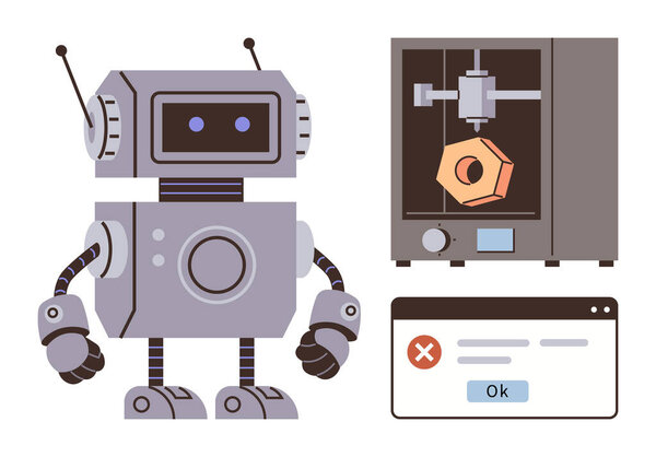 Robot next to 3D printer crafting an object, accompanied by an error message window. Ideal for innovation, robotics, 3D printing, artificial intelligence, troubleshooting, tech development
