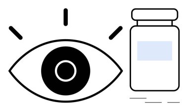 Etrafı çizgilerle çevrili büyük bir açık göz. İlaç şişesinin yanındaki odak noktasını simgeliyor. Sağlık, vizyon, sağlık, tıbbi tedavi, göz sağlığı, göz doktorluğu, minimalist markalaşma için ideal. A
