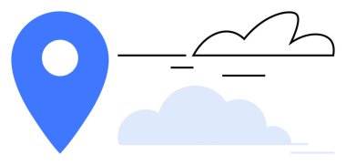 Konseptler için stilize bulutlar ve hareket çizgilerine sahip mavi konum işaretleyicisi navigasyon, konum belirleme, seyahat, rota planlaması, teknoloji, hava haritası ve dijital haritaları parmakla işaretler. Minimalist düz simge