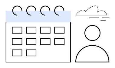 Sarmal bağlayıcı, kullanıcı profili taslağı ve bulut simgesi içeren bir takvim. Zamanlama, zaman yönetimi, planlama, üretkenlik, takım işbirliği, uzaktan çalışma basit düz metafor