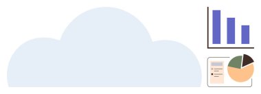 Veri analizi ve depolamayı vurgulayan, bar tablosu, pasta grafiği ve dokümanı olan büyük bulut. Teknoloji, bulut depolama, analitik, iş veri yönetimi verimliliği yeniliği için ideal. Basit.