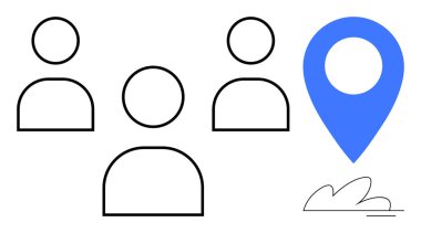 Bir lokasyon iğnesinin yanında üç minimalist insan figürü, navigasyonu, takım çalışmasını, ağ oluşturmayı ve topluluğu sembolize ediyor. İş için ideal, işbirliği, haritalama, sosyal etkileşim planlaması ve küresel