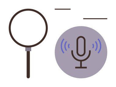 Ses tanıma ve arama kapasitesini vurgulayan büyüteç ve mikrofon simgesi. Teknoloji, arama araçları, yenilik, yapay zeka, keşif, araştırma, iletişim kavramları için ideal