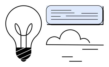 Ampul, bulut ve metin paneli yenilik, yaratıcılık ve beyin fırtınasını sembolize eder. Eğitim, iletişim, takım çalışması teknoloji yenilik işi için idealdir. Basit düz metafor