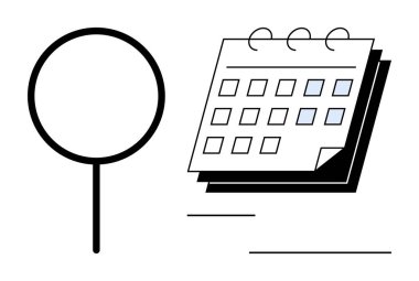 Seçilen günleri gösteren bir takvimi inceleyen büyüteç. Program, planlama, organizasyon, teslim tarihleri, hatırlatıcılar, görev yönetimi, zaman takibi için ideal. Temiz, düz metafor