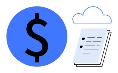 Yığılmış belgeler ve bulut grafiğinin yanında mavi dolar sembolü. Finans, bulut hizmetleri, dijital depolama, bütçe, muhasebe, iş araçları için ideal, basit düz metafor