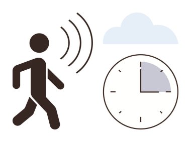 Ses dalgaları, bulut ve saat yayan, altı çizili çeyrek saat. İletişim, teknoloji, zaman yönetimi, bulut hizmetleri, verimlilik ve minimalizm temaları için ideal. Basit.