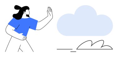 Büyük bir buluta bakan kadın, minimalist bir manzaraya karşı dinamik bir şekilde hareket ediyor. Yenilik için ideal, doğa, çevre, farkındalık, yaratıcılık, bağlantı sadeliği. Düz minimalistik