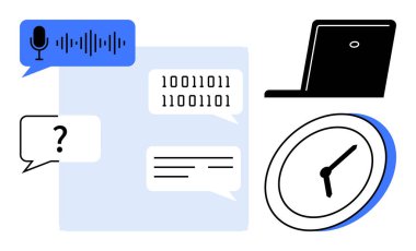 Sohbet baloncukları, ikili kod, mikrofon, dizüstü bilgisayar ve saat mesajlaşma, kodlama, zaman izleme, sanal toplantılar uzaktan çalışma verimliliği ve teknolojisini gösteriyor. Basit düz metafor için ideal
