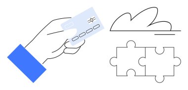 Bulmaca parçaları ve bulut ile eşleştirilmiş bir kredi kartı ile el ele tutuşmak, bağlantı önermek, problem çözme ve çevrimiçi işlemler. Finans, ödemeler, işbirliği, bulut teknolojisi için ideal