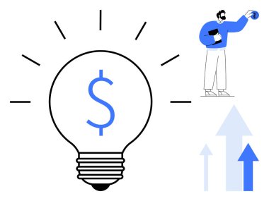 Dolar işaretli ampul ışınları, evrak ve para tutan adam ve yükselen oklar. Finans, ekonomik büyüme, yatırım, yenilik, iş başarısı, girişimcilik için ideal