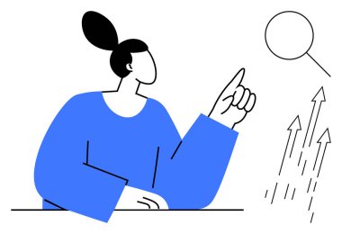 Yuvarlak konuşma balonunu işaret eden updo saçlı bir kadın, yükselen okların yanında. İletişim, büyüme, gelişme, ilerleme, yenilik, liderlik eğitimi için idealdir. Basit düz metafor