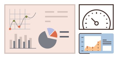 Grafikler, grafikler ve hız göstergesi analizleri, ilerlemeyi ve performans ölçümlerini gösteriyor. Ticari içgörüler, üretkenlik, analitik ve finans büyüme stratejisi için ideal basit izleme
