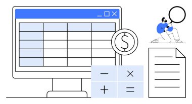 Hesap tablosu, dolar sembolü, matematiksel hesap makinesi, belge ve veri analiz eden kişi içeren bilgisayar ekranı. Finans, muhasebe, bütçe, eğitim iş stratejileri hesaplamaları için ideal