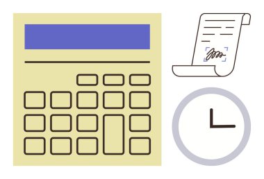 Finansal takibi, teslim tarihlerini ve verimliliği vurgulayan imzalı belge ve saatin yanında hesap makinesi. Muhasebe, fatura, planlama, zaman yönetimi, finans, denetim ve verimlilik için ideal