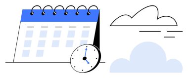 Sarmal ciltli takvim sayfasını aç, zamanı gösteren küçük saat, soyut bulut ve çizgiler. Organizasyon için ideal, zaman planlama, teslim tarihleri, hedef belirleme, üretkenlik, rutin motivasyon