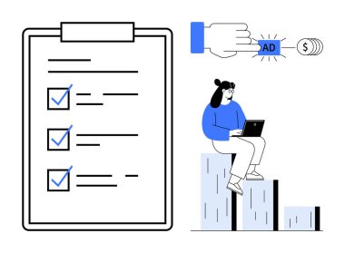 Kontrol işaretli görev listesi, reklam düğmesine elle tıklama, dizüstü bilgisayarı olan kişi. Pazarlama, planlama, ilerleme, reklamcılık, üretkenlik analitik iş büyümesi için idealdir. Basit.