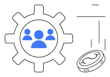 İşbirliğini sembolize eden ve maddi yatırımı temsil eden ya da geri dönüşü temsil eden üç kişilik ikona sahip teçhizat. Takım yönetimi, üretkenlik, işletme, verimlilik ve finans için ideal
