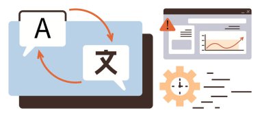 Çeviri okları ile konuşma baloncukları, analitik ile tarayıcı ekranı, otomasyonu simgeleyen saat dişlisi. Çeviri araçları, teknoloji, küreselleşme, zaman tasarrufu, verimlilik için ideal