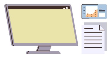 Bilgisayar veri tablosu ve belge kağıdıyla birlikte izlesin. Üretkenlik, veri analizi, dijital planlama, raporlama, organizasyon, iletişim, iş yönetimi için idealdir. Basit düz metafor