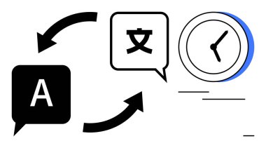 A ile başlayan konuşma baloncukları ve oklarla birbirine bağlı yabancı bir karakter, bir saatle eşleştirilmiş, çeviri, iletişim ve verimliliği temsil ediyor. Çeviri, iletişim, zaman yönetimi için ideal