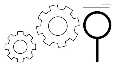 Birbirine kenetlenmiş iki vites ve analiz, optimizasyon, takım çalışması, mühendislik, sorun çözme, yenilik ve verimliliği temsil eden bir büyüteç. Soyut problem çözme kavramları için ideal