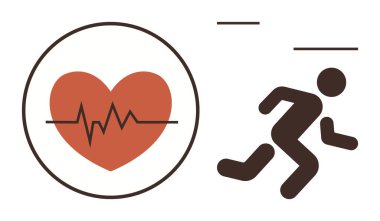 Kalp atışı çizgisi ve koşu figürü. Fitness, sağlık, koşu, egzersiz, kardiyo, sağlık, yaşam tarzı iyileştirme için idealdir. Basit düz metafor