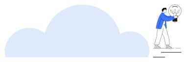 Bireysel olarak büyük bulutların yanında duruyor, elinde yenilikleri simgeleyen ampuller var. Bulut hesaplama, veri depolama, teknoloji, yaratıcılık, çözümler, beyin fırtınası, dijital yenilik için ideal