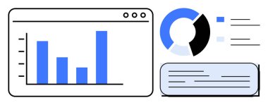 Tarayıcı penceresindeki çubuk grafik, pasta grafiği ve analitik, raporlama, istatistik, araştırma, performans izleme, iş sezgileri ve veri görselleştirmesini gösteren metin kutusu. Basit bir düz metafor.