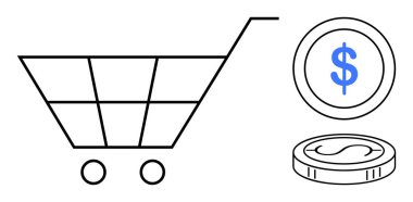 Dolar işareti ve madeni parayla birlikte alışveriş arabası, çevrimiçi alışveriş, perakende, bütçe, tasarruf, e-ticaret, fiyatlandırma kararları ve tüketici harcamalarını sembolize ediyor. Pazar eğilimleri için ideal basit düz