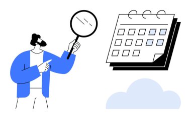 Elinde büyüteç tutan kişi takvimi inceler, organizasyonu önemser. Zaman yönetimi, görevler, planlama, planlama, verimlilik, randevular etkinlik takibi için ideal. Temiz tasarım kadar basit