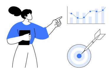 Analitik çizelgeye yükselen bir eğilimle işaret eden bir kadın elinde tablet, hedefi vuruyor. Strateji, analitik, iş büyümesi, hedef belirleme, odaklanma, liderlik verimliliği için ideal