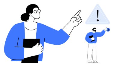 Kadın uyarı işaretini işaret ediyor, adam alet çantası ve teçhizat taşıyor. Takım çalışması, dikkat, problem çözme, iletişim, strateji, yönetim teknolojisi için ideal. Basit düz metafor